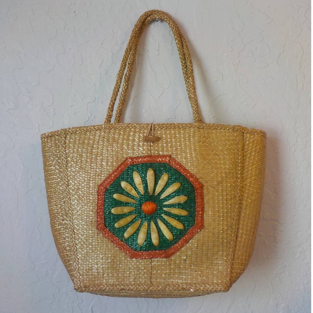 Vintage Beige Woven Tote Purse Big Raffia Flower 18x15" Lined Casual Beach 70s